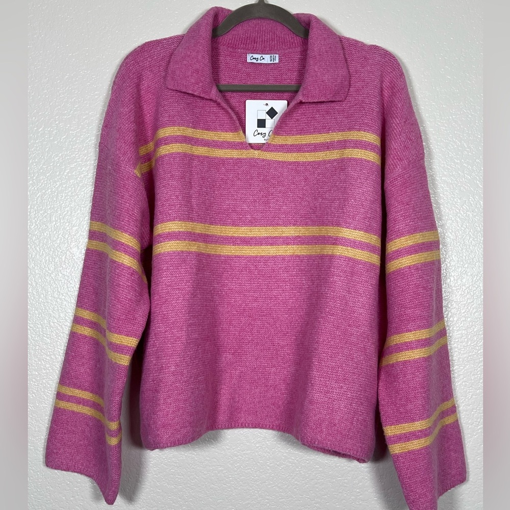 Soft knit pink and yellow collared sweater, size 1X/2X